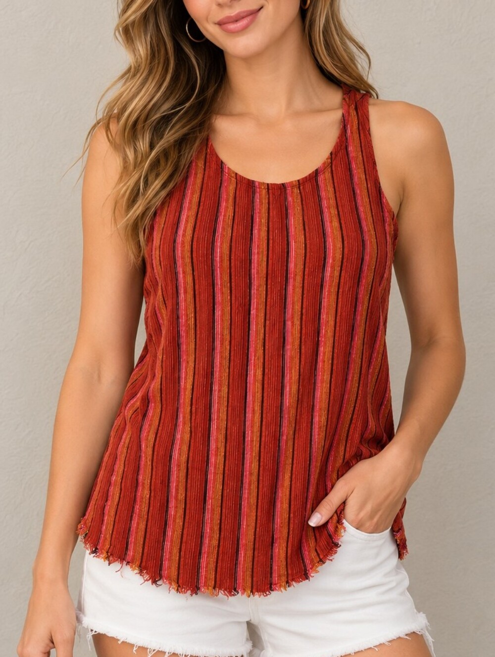 DREW Striped Red Sleeveless Linen Raw Hem Tank Top